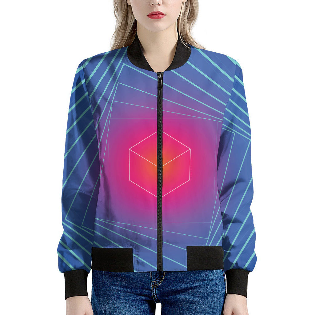 Blue Geometric EDM Light Print Women's Bomber Jacket