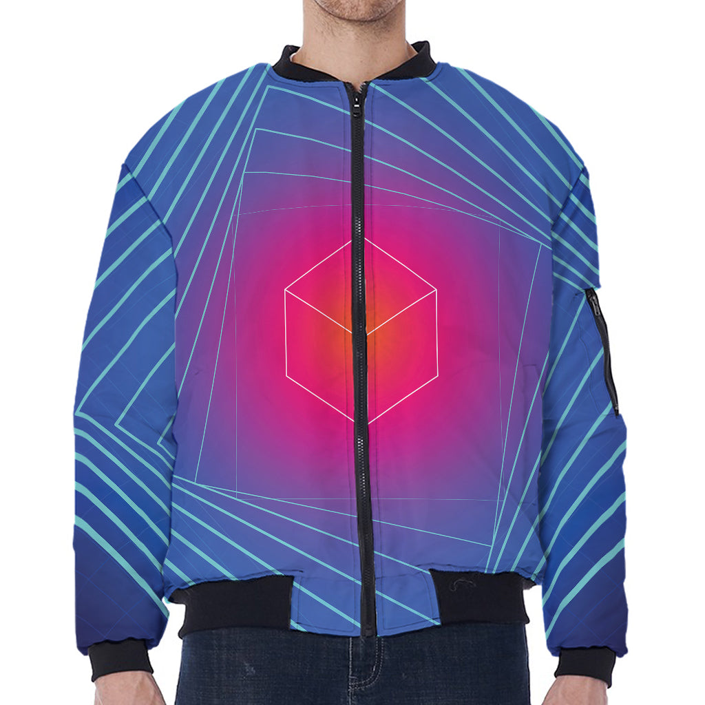 Blue Geometric EDM Light Print Zip Sleeve Bomber Jacket