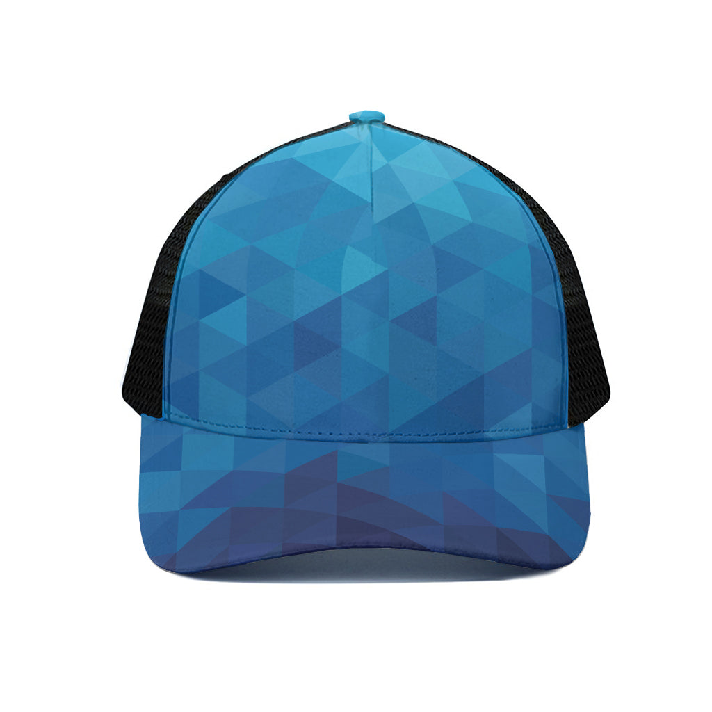 Blue Geometric Triangle Pattern Print Black Mesh Trucker Cap