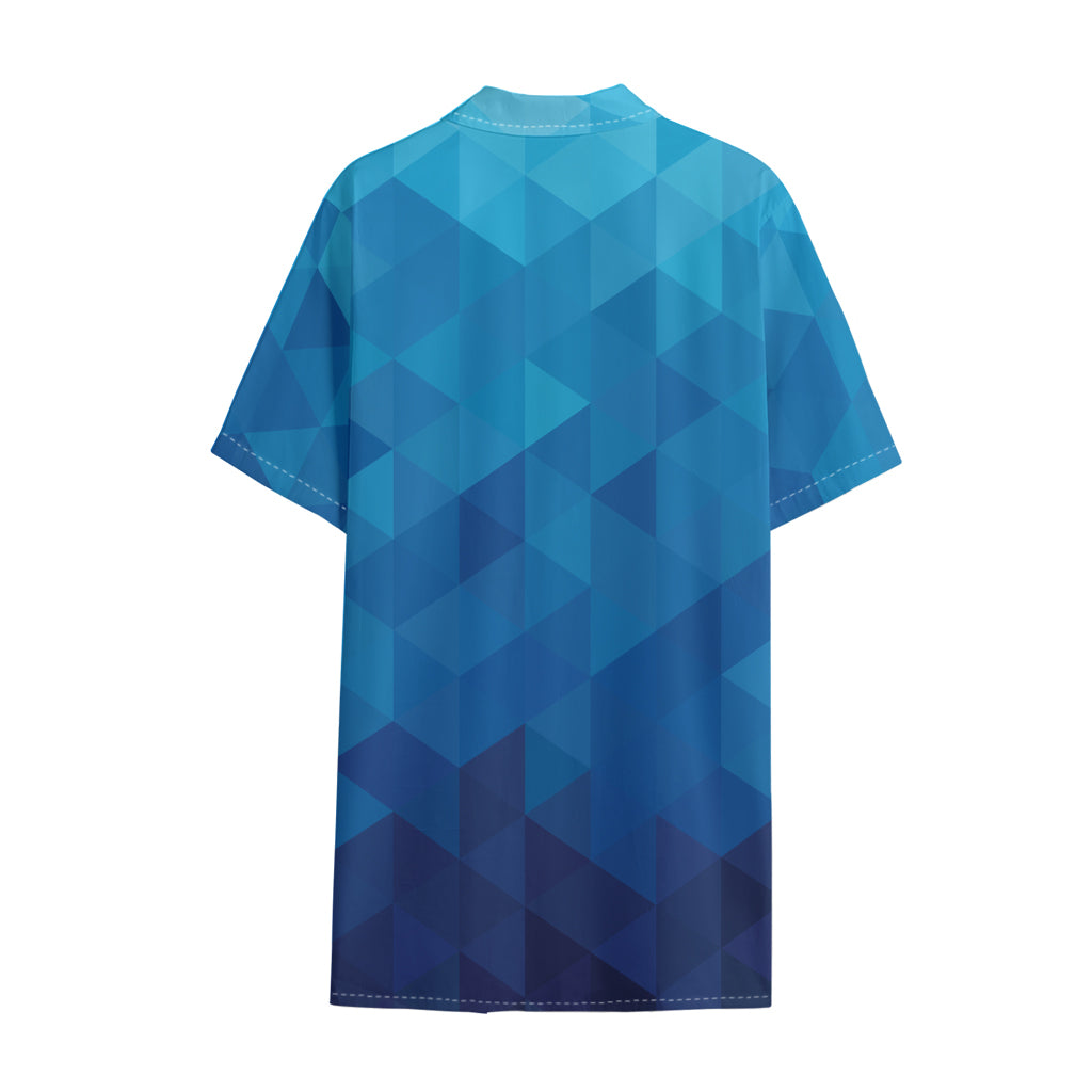 Blue Geometric Triangle Pattern Print Cotton Hawaiian Shirt