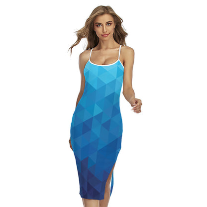 Blue Geometric Triangle Pattern Print Cross Back Cami Dress