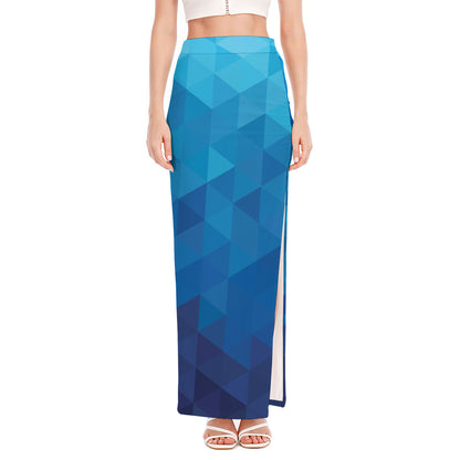 Blue Geometric Triangle Pattern Print High Slit Maxi Skirt