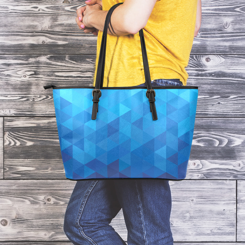 Blue Geometric Triangle Pattern Print Leather Tote Bag