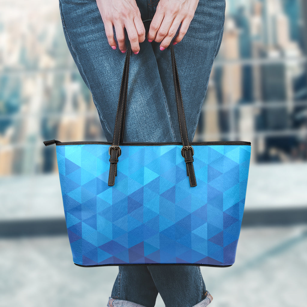 Blue Geometric Triangle Pattern Print Leather Tote Bag