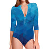 Blue Geometric Triangle Pattern Print Long Sleeve Swimsuit