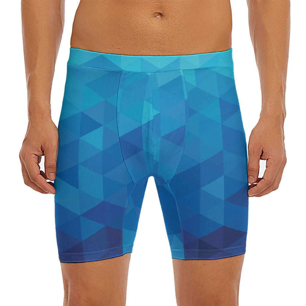 Blue Geometric Triangle Pattern Print Men's Long Boxer Briefs