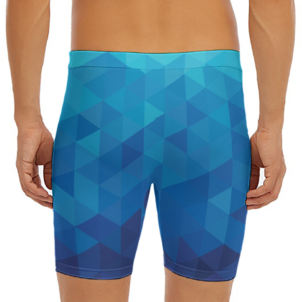 Blue Geometric Triangle Pattern Print Men's Long Boxer Briefs