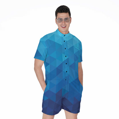 Blue Geometric Triangle Pattern Print Men's Rompers