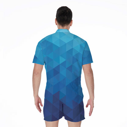 Blue Geometric Triangle Pattern Print Men's Rompers