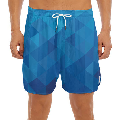 Blue Geometric Triangle Pattern Print Men's Split Running Shorts