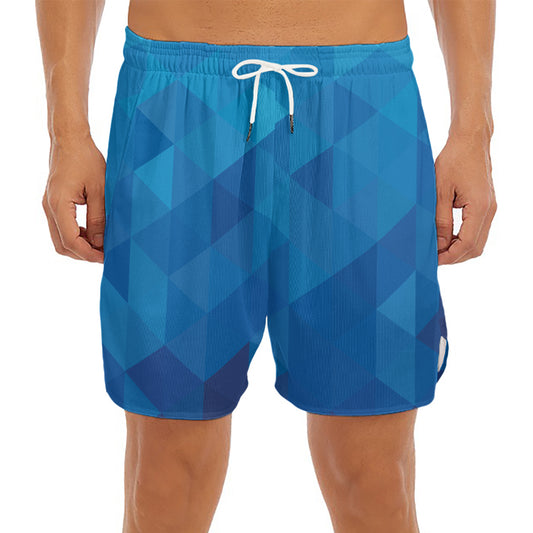 Blue Geometric Triangle Pattern Print Men's Split Running Shorts