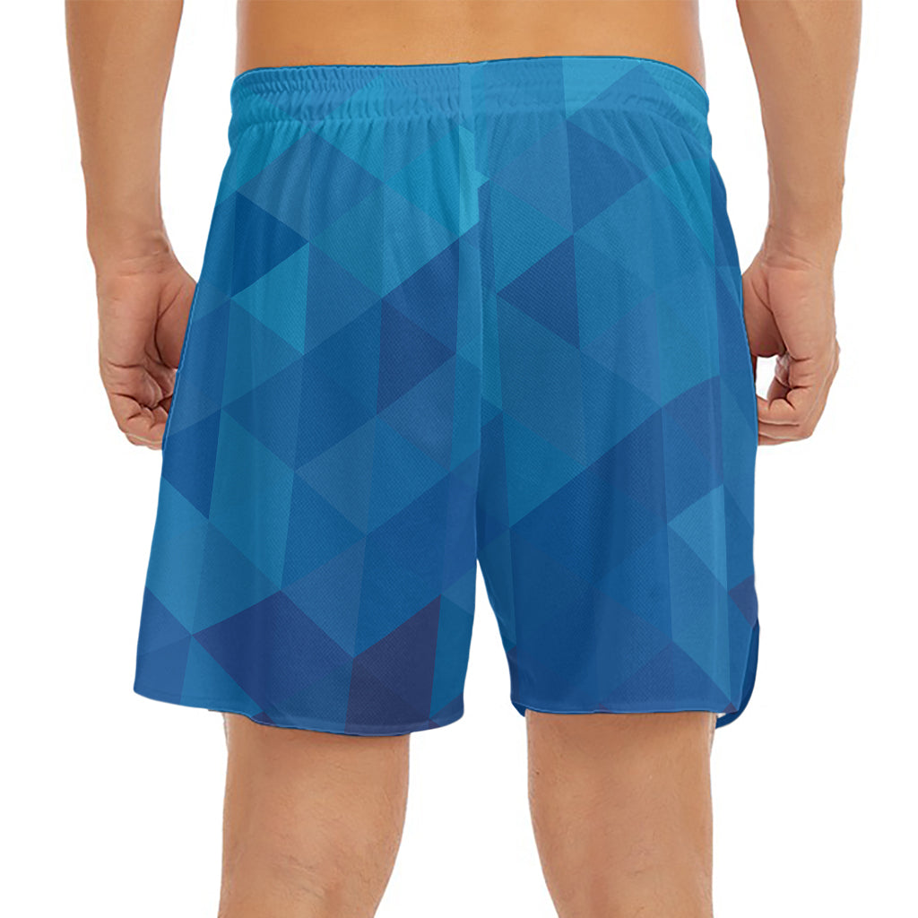Blue Geometric Triangle Pattern Print Men's Split Running Shorts