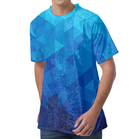 Blue Geometric Triangle Pattern Print Men's Velvet T-Shirt