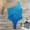 Blue Geometric Triangle Pattern Print One Shoulder Bodysuit