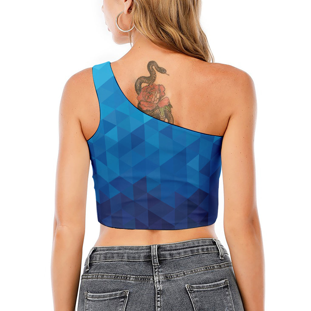 Blue Geometric Triangle Pattern Print One Shoulder Crop Top