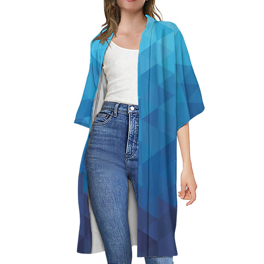 Blue Geometric Triangle Pattern Print Open Front Beach Cover Up