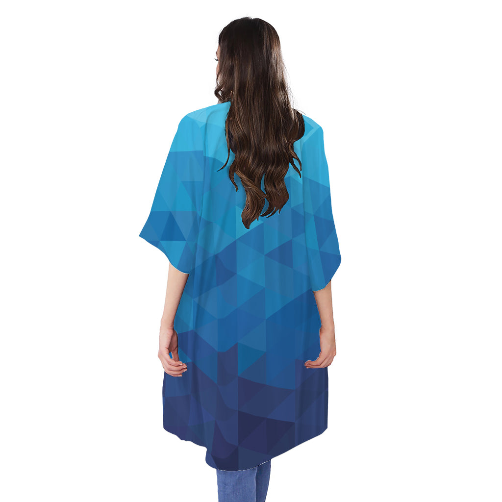 Blue Geometric Triangle Pattern Print Open Front Beach Cover Up