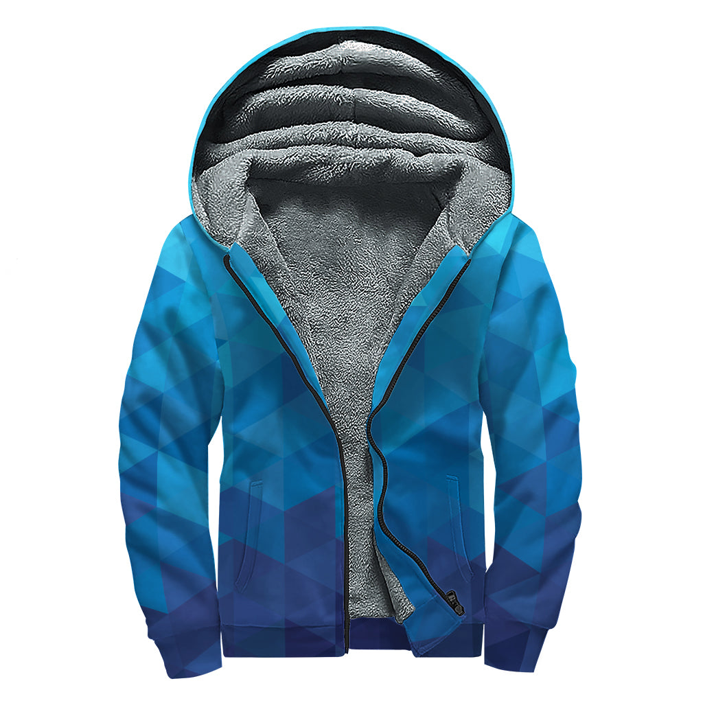 Blue Geometric Triangle Pattern Print Sherpa Lined Zip Up Hoodie