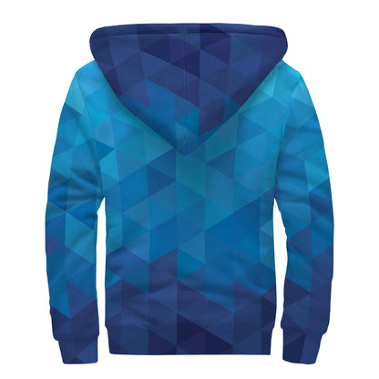 Blue Geometric Triangle Pattern Print Sherpa Lined Zip Up Hoodie