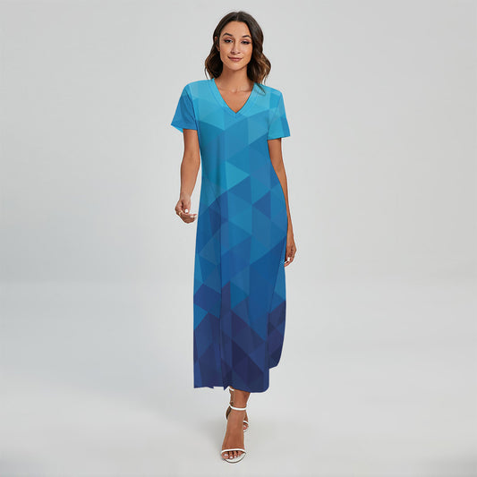 Blue Geometric Triangle Pattern Print Short Sleeve Maxi Dress