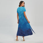 Blue Geometric Triangle Pattern Print Short Sleeve Maxi Dress