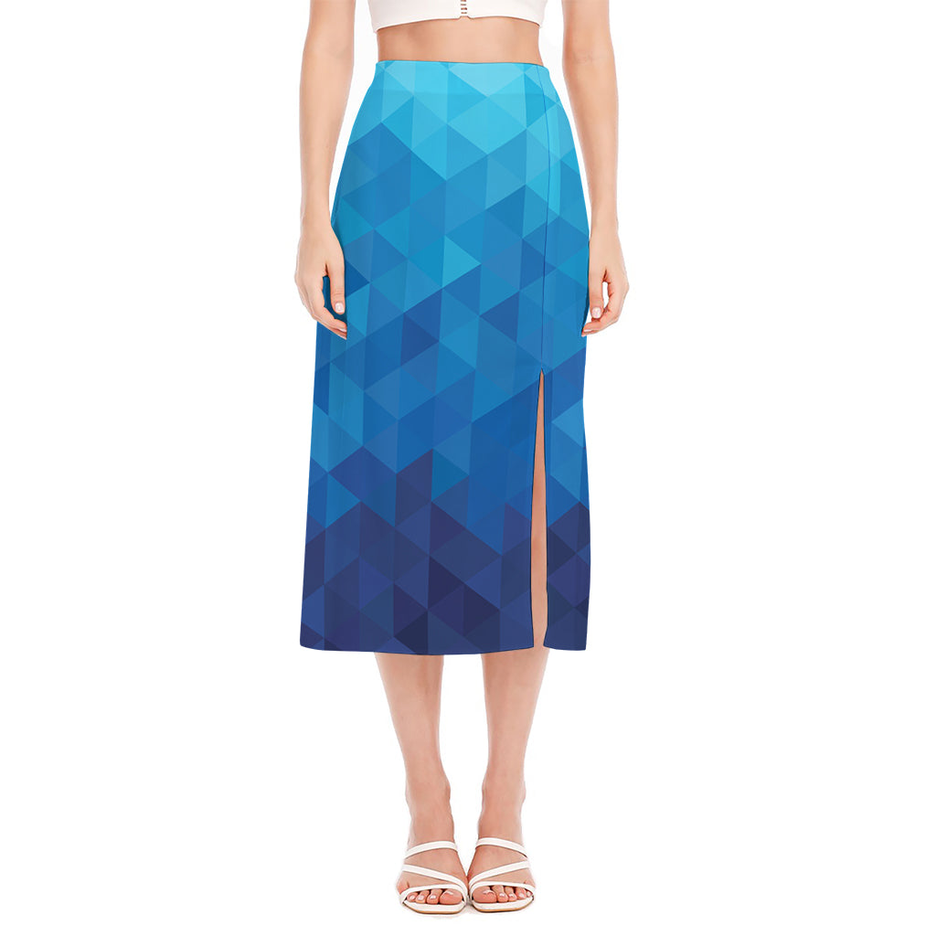 Blue Geometric Triangle Pattern Print Side Slit Midi Skirt
