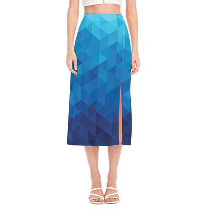 Blue Geometric Triangle Pattern Print Side Slit Midi Skirt