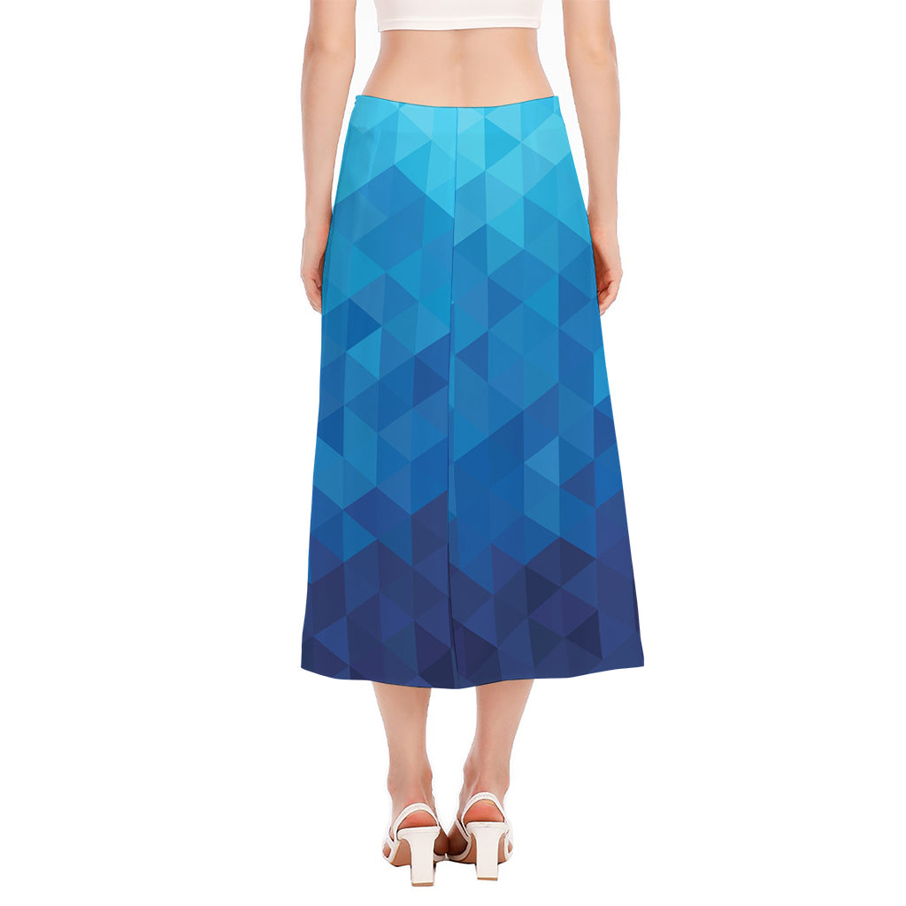 Blue Geometric Triangle Pattern Print Side Slit Midi Skirt