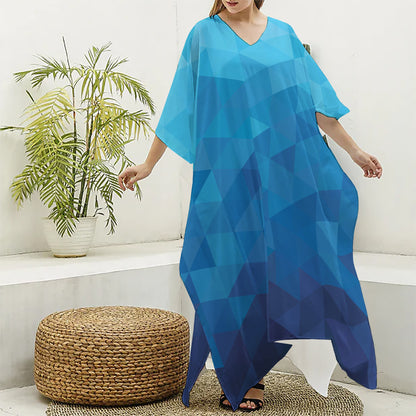 Blue Geometric Triangle Pattern Print Silk V-Neck Kaftan Dress