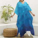 Blue Geometric Triangle Pattern Print Silk V-Neck Kaftan Dress