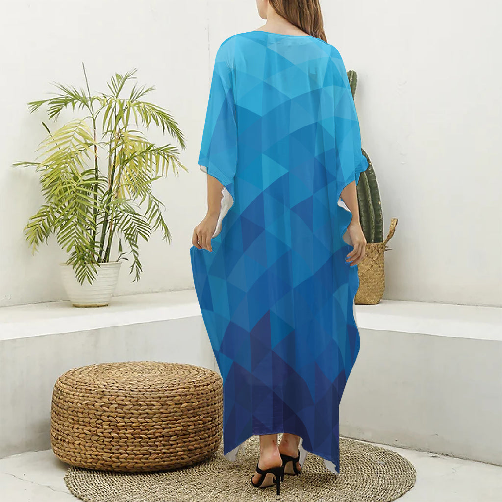 Blue Geometric Triangle Pattern Print Silk V-Neck Kaftan Dress