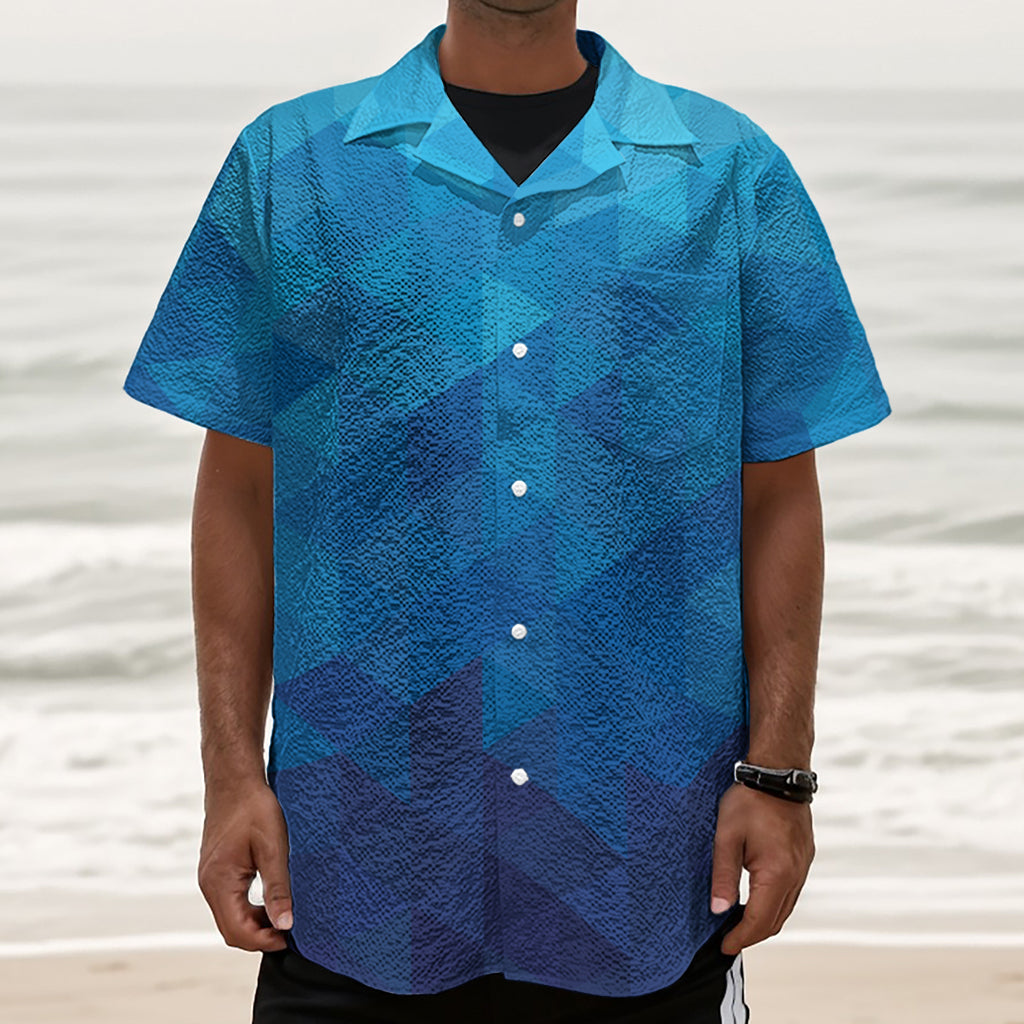 Blue Geometric Triangle Pattern Print Textured Short Sleeve Shirt