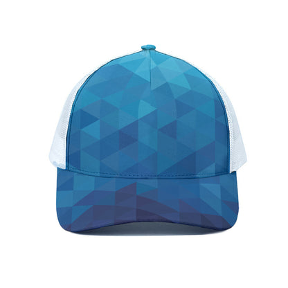 Blue Geometric Triangle Pattern Print White Mesh Trucker Cap