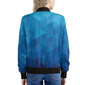 Blue Geometric Triangle Pattern Print Women's Bomber Jacket