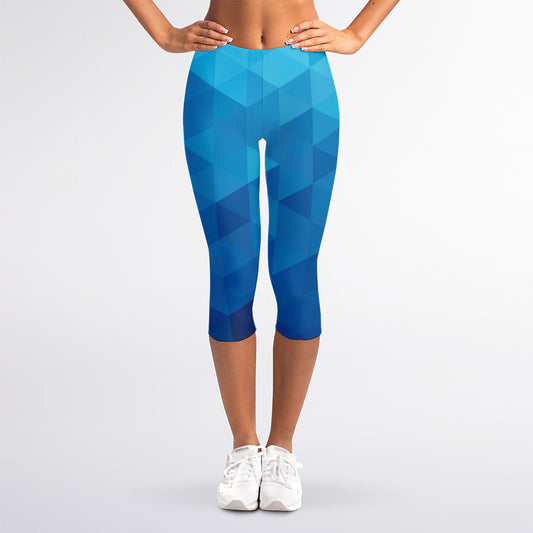 Blue Geometric Triangle Pattern Print Women's Capri Leggings