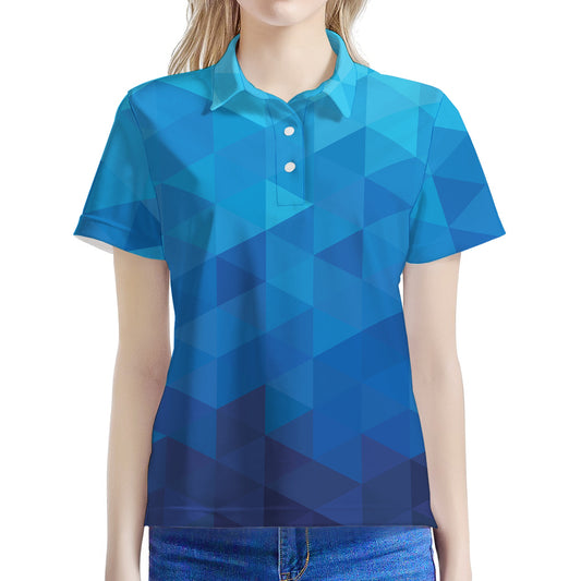 Blue Geometric Triangle Pattern Print Women's Polo Shirt