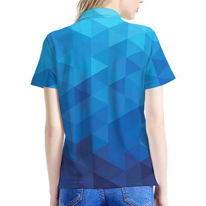 Blue Geometric Triangle Pattern Print Women's Polo Shirt