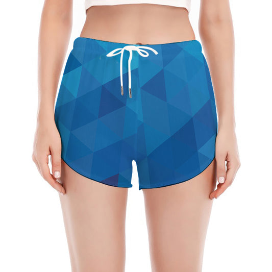 Blue Geometric Triangle Pattern Print Women's Split Running Shorts