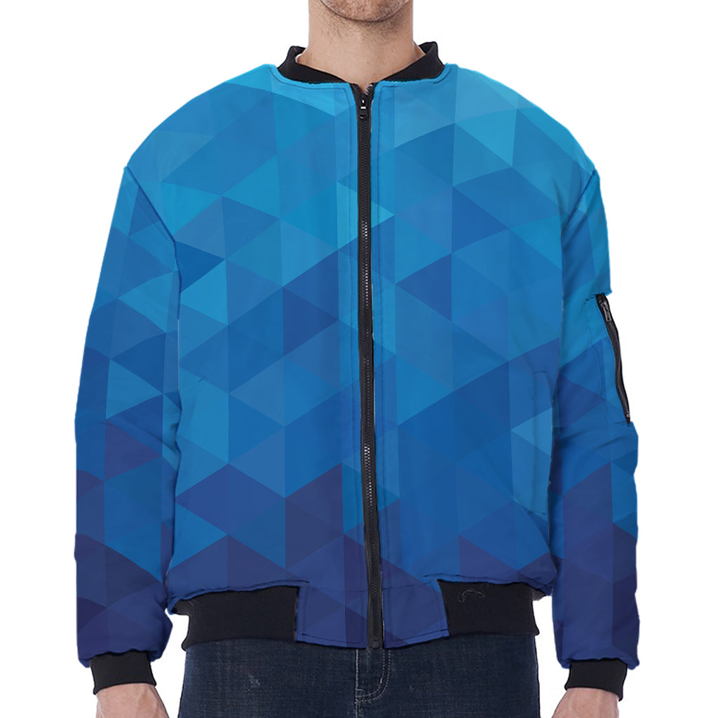 Blue Geometric Triangle Pattern Print Zip Sleeve Bomber Jacket