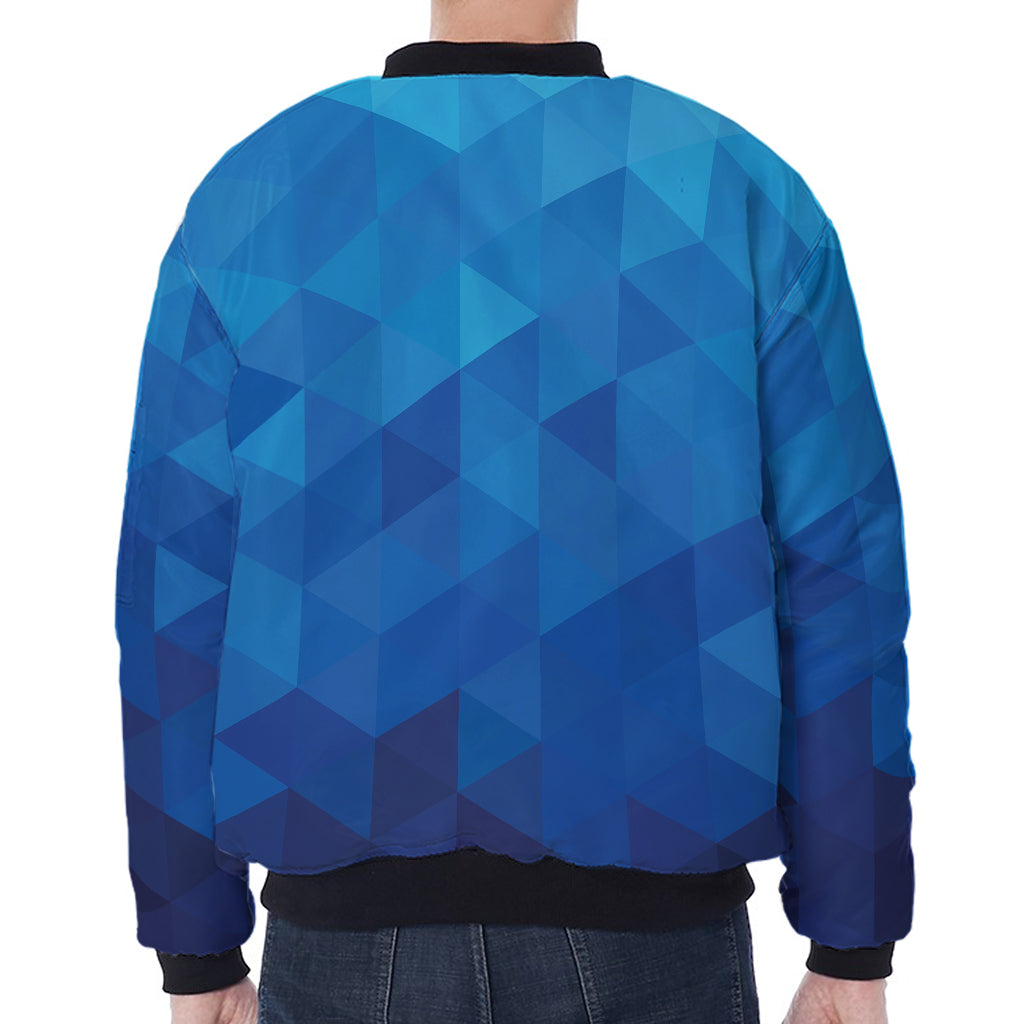 Blue Geometric Triangle Pattern Print Zip Sleeve Bomber Jacket