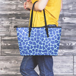 Blue Giraffe Print Leather Tote Bag