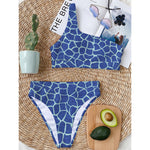 Blue Giraffe Print One Shoulder Bikini Top
