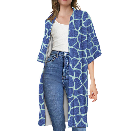 Blue Giraffe Print Open Front Beach Cover Up
