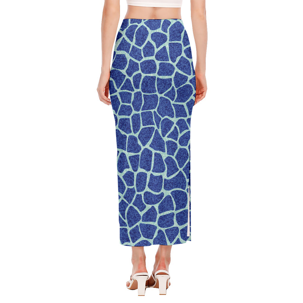 Blue Giraffe Print Side Slit Maxi Skirt