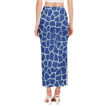 Blue Giraffe Print Side Slit Maxi Skirt