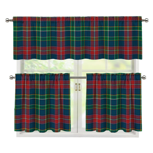 Blue Green And Red Scottish Plaid Print 3 Piece Kitchen Curtains