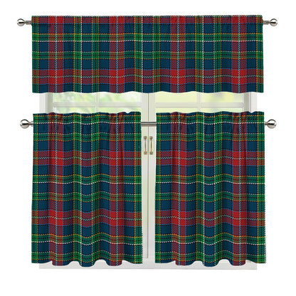 Blue Green And Red Scottish Plaid Print 3 Piece Kitchen Curtains