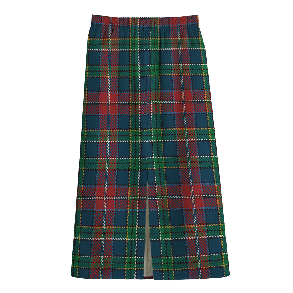 Blue Green And Red Scottish Plaid Print Cotton Front Slit Maxi Skirt