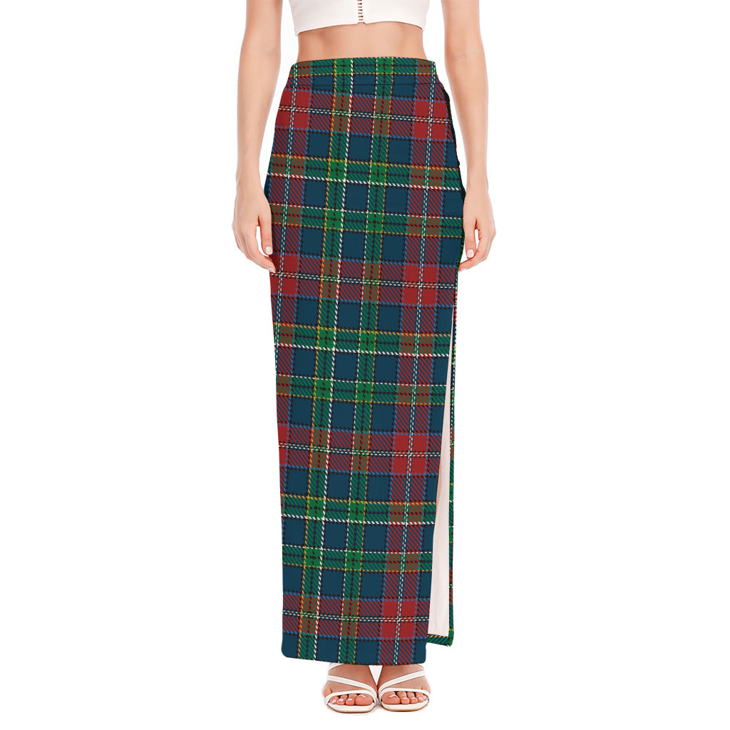 Blue Green And Red Scottish Plaid Print High Slit Maxi Skirt