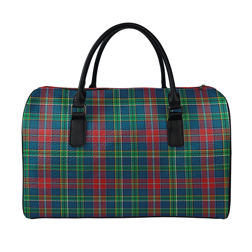 Blue Green And Red Scottish Plaid Print Leather Duffle Bag